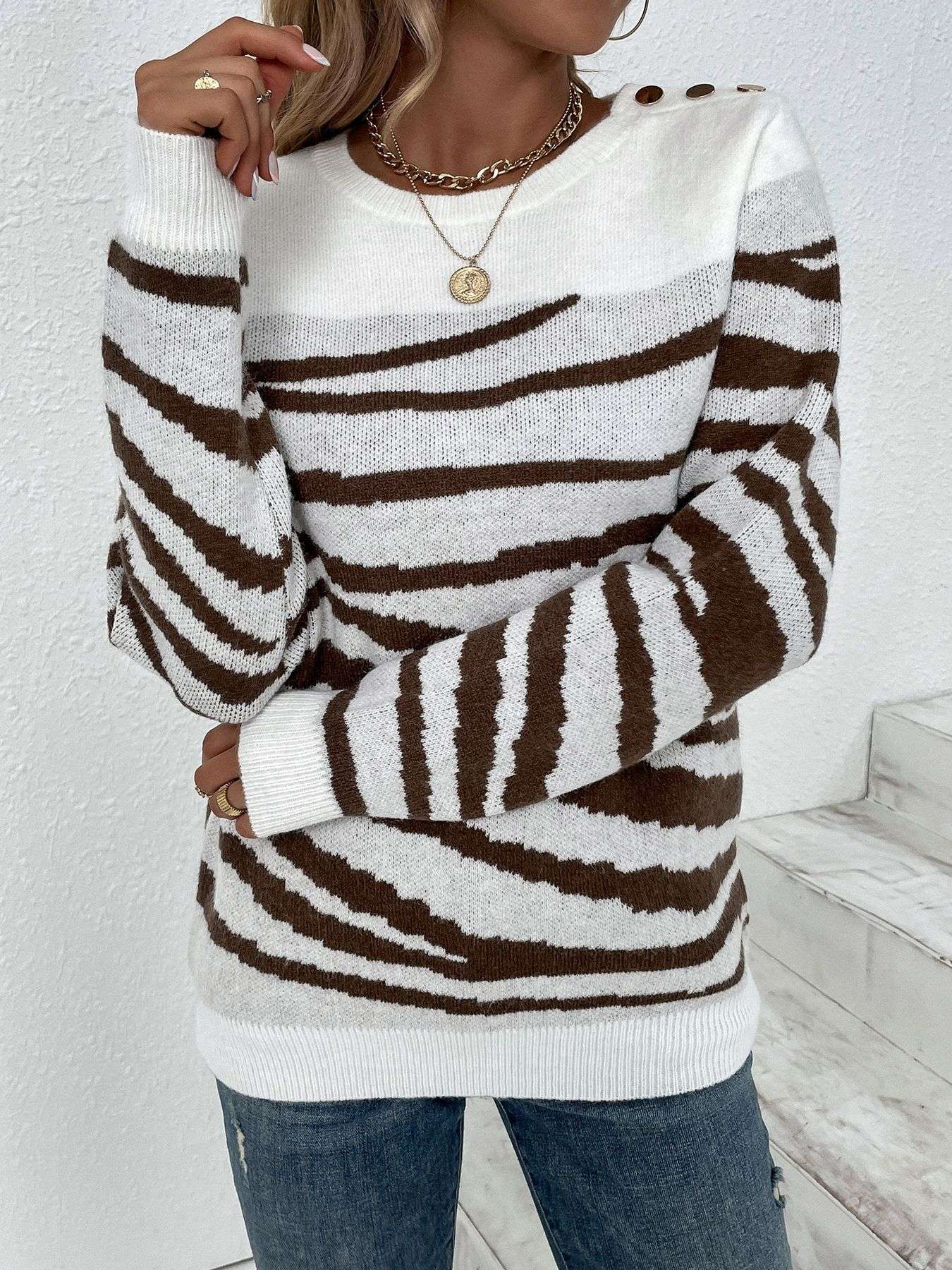 Striped Knit Sweater with Shoulder Buttons - L, White image