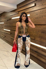 Camo Color Block Wide-Leg Pants - L, Black image