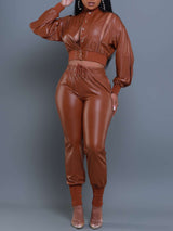 Top Priority Zippered Cropped Jogger Set - L, Bronze Brown image