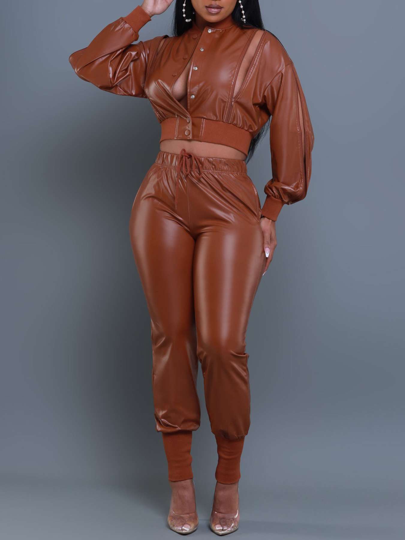 Top Priority Zippered Cropped Jogger Set - L, Bronze Brown image