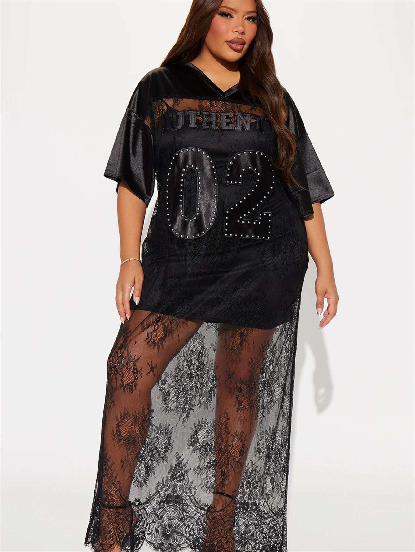 Sheer Lace Jersey Dress - M, Black image