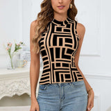 Geometric Print Sleeveless Tank Top - L, Brown image