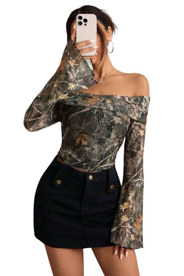 Off Shoulder Camo Long Bell Sleeve Crop Top - XL, Multi Brown image