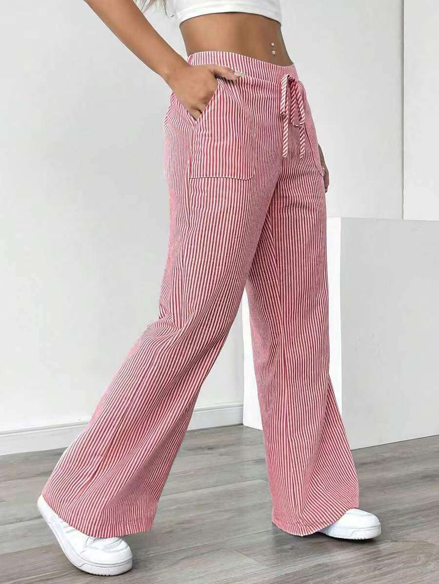Striped Wide-Leg Drawstring Pajama Pants - L, Pink image
