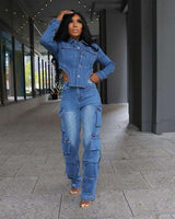 Casual Denim Irregular Two Piece Pants Set - L, Denim Blue image