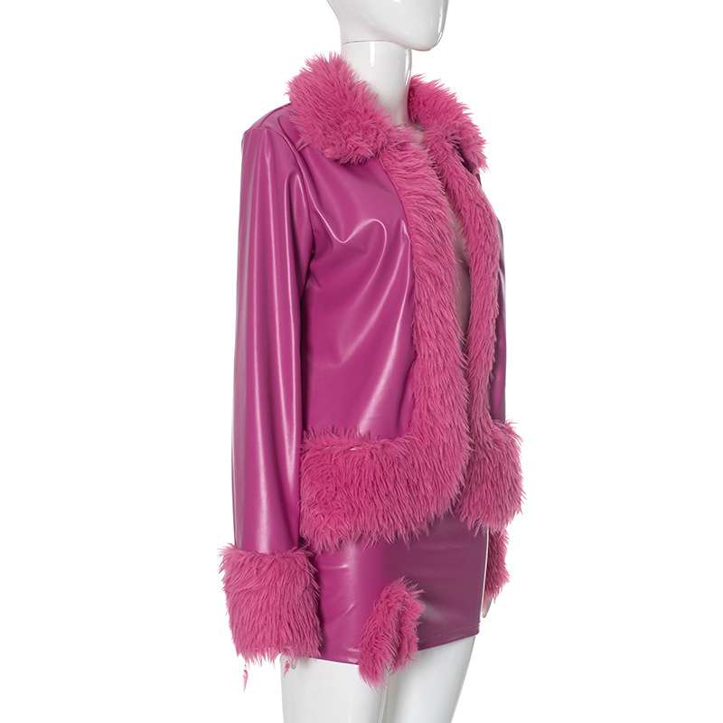 Fluff Lapel Coats Split Hem Skirt Set image 2