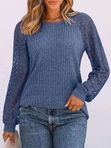 Textured Knit Top with Lace Sleeves - M, Blue image