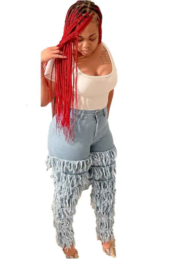 High Waisted  Denim Fringed Jeans image 0