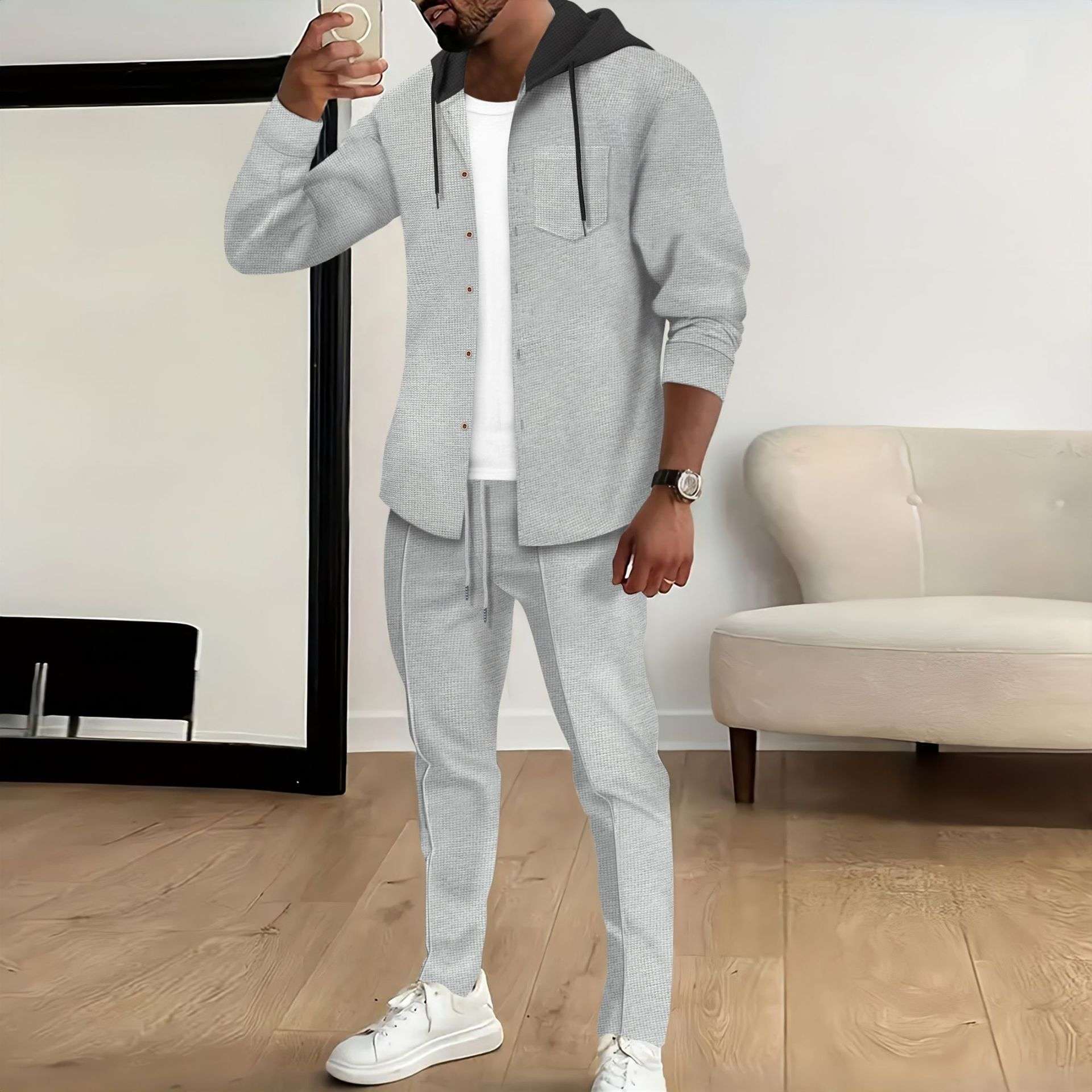 Slim Fit Waffle Hoodie & Cardigan Tracksuit - M, Grey image