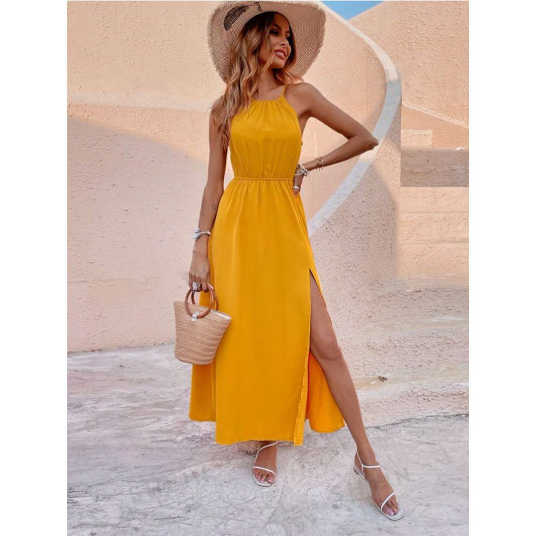 Maxi Dress with Side Slit & Spaghetti Straps - L, Yellow image