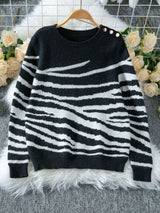 Striped Knit Sweater with Shoulder Buttons - S, Black image