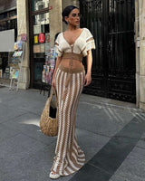 Monochrome Harmony Crochet Top and Skirt Set - M, Beige image