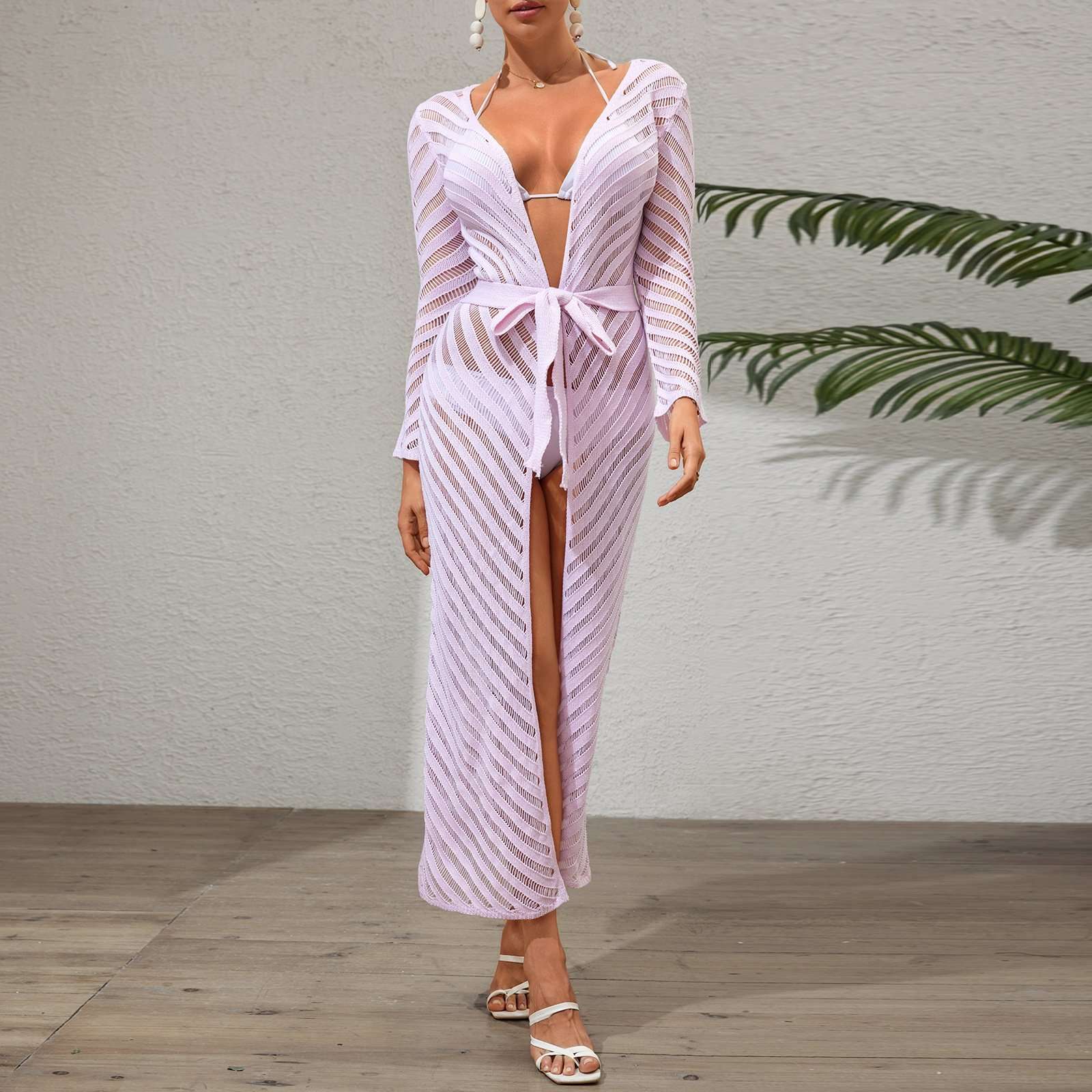 Long Sleeve Sheer Knit Beach Cover-Up - L, Pink image