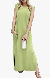 Sleeveless Maxi Dress with Side Slits - L, Green image