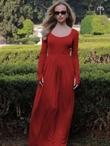 Long Sleeve Round Neck Empire Waist Spring Dreses - S, Red image