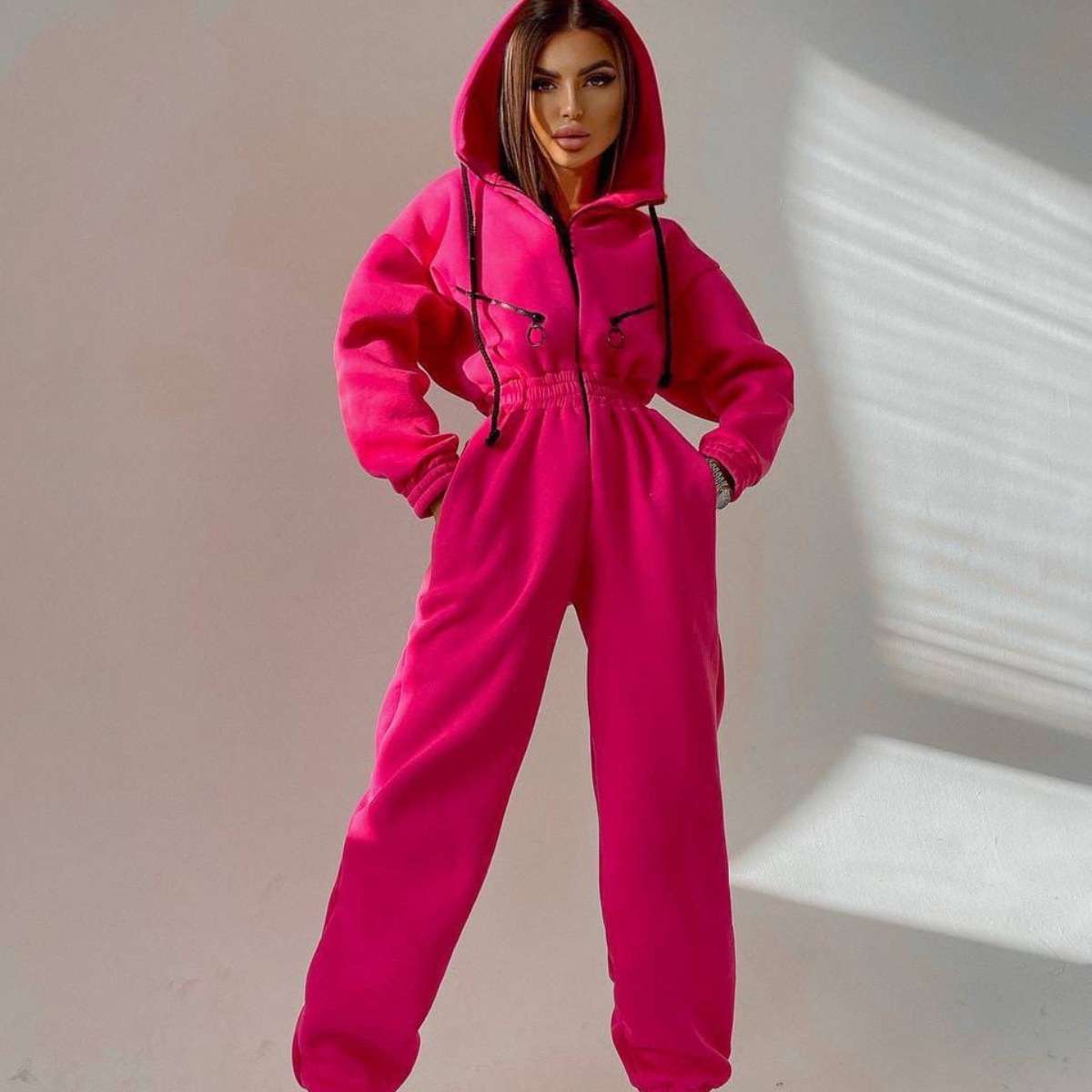 Zipper Jumpsuit Hoodies One Piece Outfit - L, Raspberry Red image