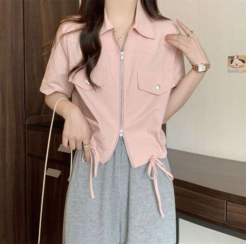 Casual Pastel Zip-Up Shirt - L, Pink image