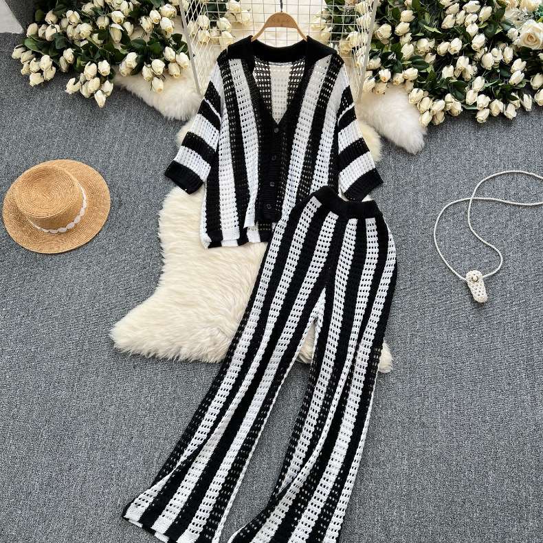 Striped Knit Set with Cardigan & Wide-Leg Pants image 2