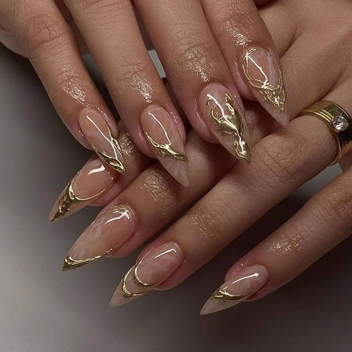 Golden Marble Stiletto Nails with Nude Base image 1
