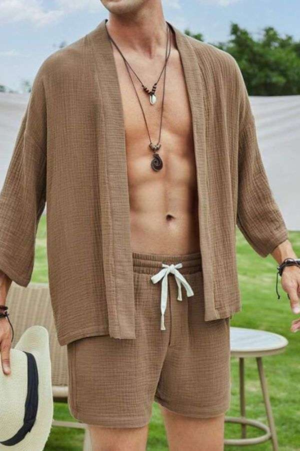 Men Kimono and Shorts Set - M, Brown image