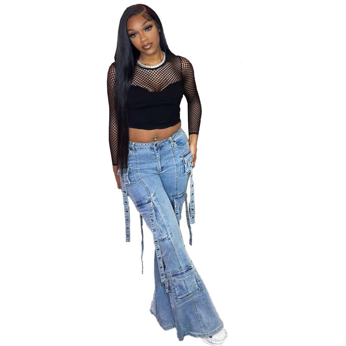 Wide Leg Flare Bell Bottom Denim Cargo image 1