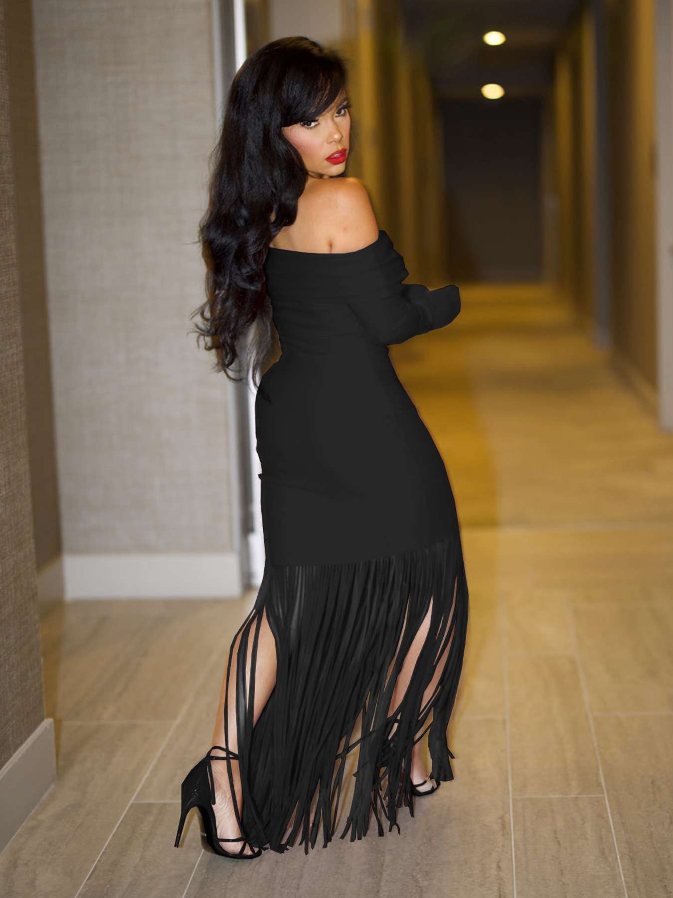 Off Shoulder Fringed Evening Maxi Dress - L, Black image