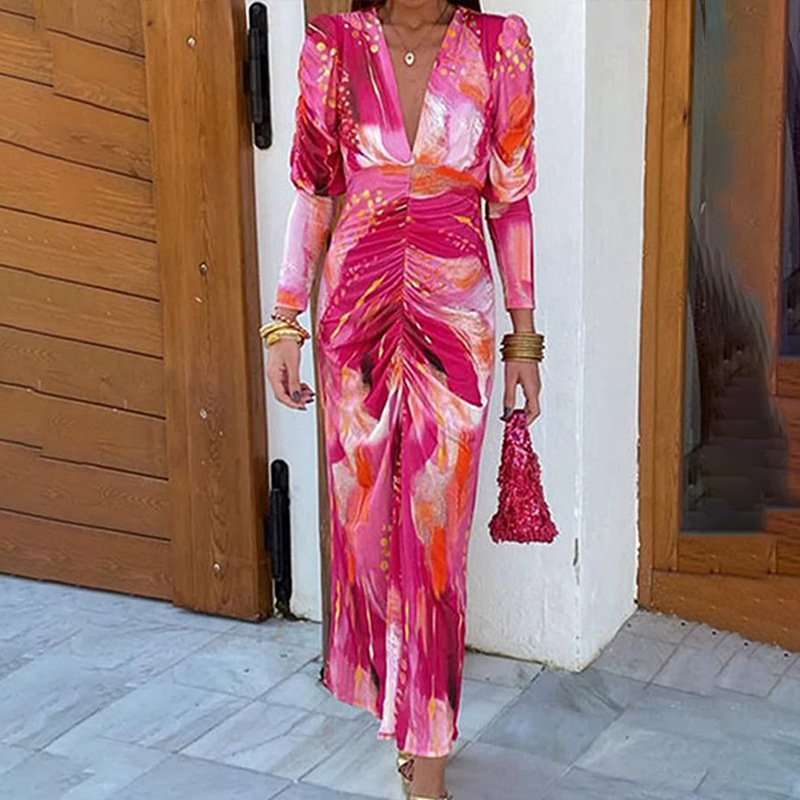 Abstract Pattern Maxi Dress with Ruched Front image 1