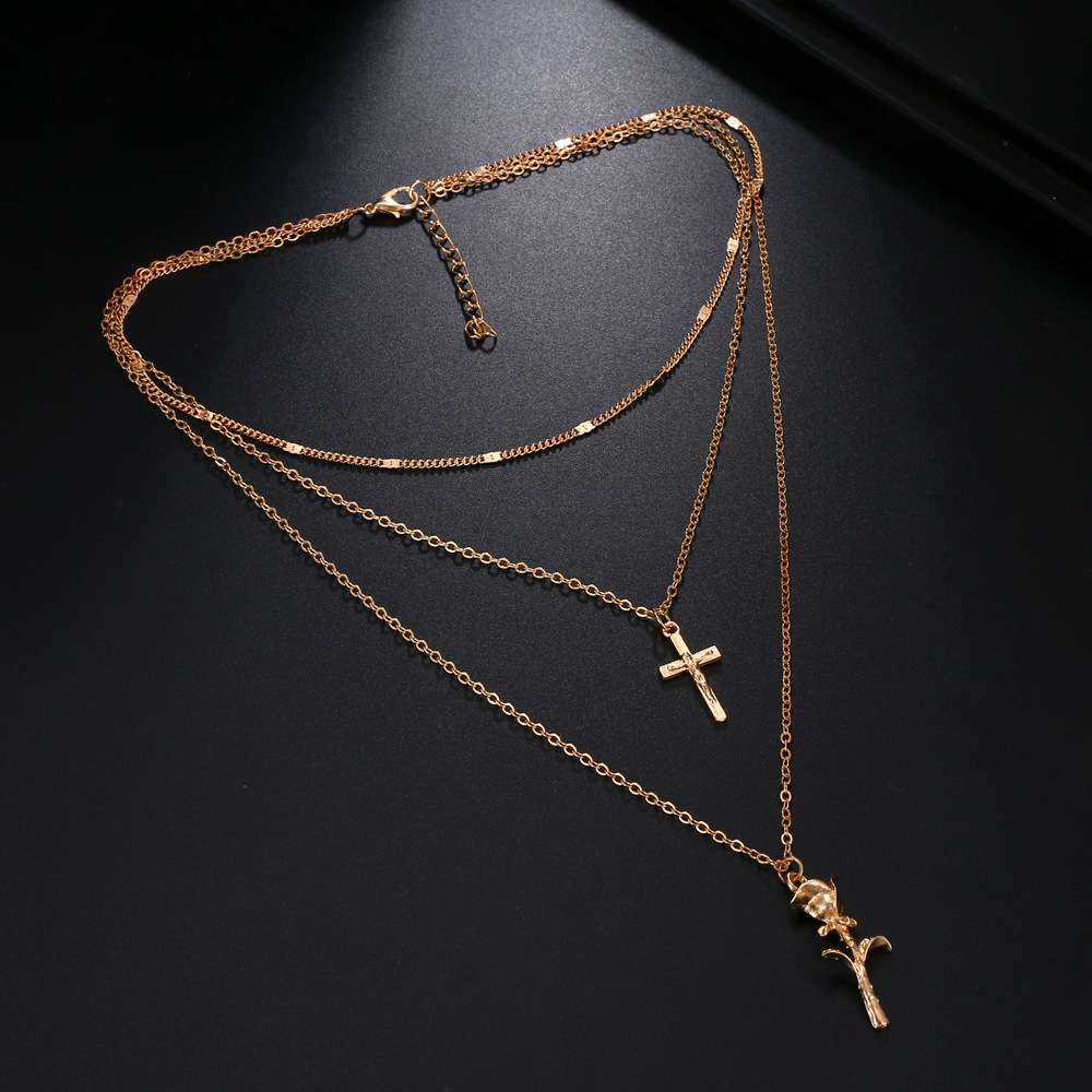 Layered Necklace Set with Cross and Leaf Pendant image 3