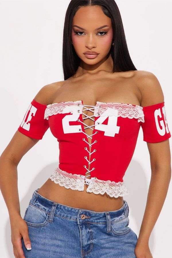Lace-Up Off-Shoulder Varsity Crop Top image 0