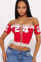 Lace-Up Off-Shoulder Varsity Crop Top image 0