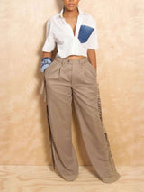 Relaxed Wide-Leg Trousers - L, Beige image