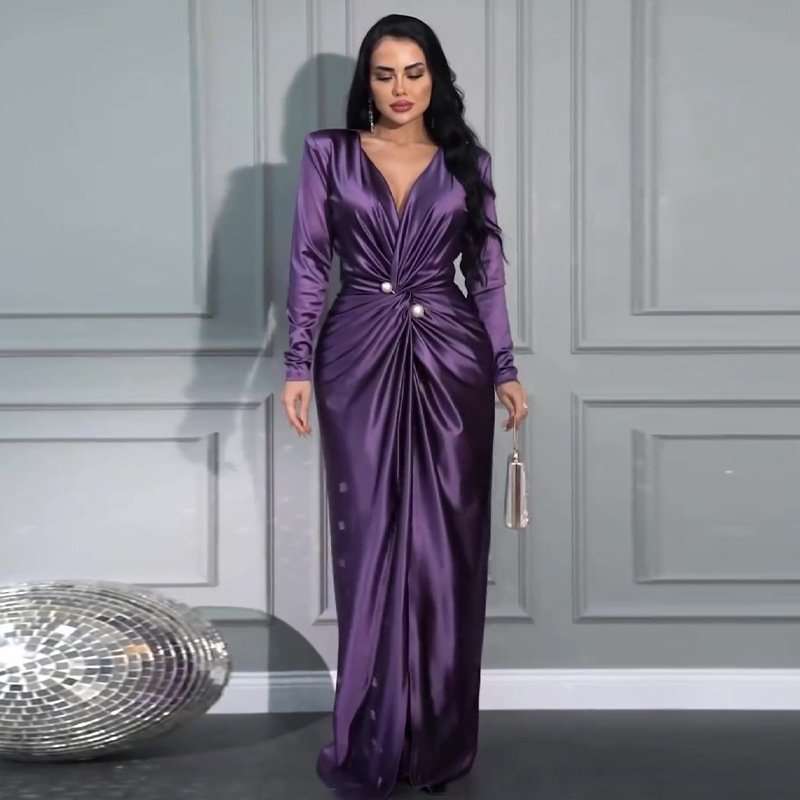 V-Neck Pleated Evening Gown - M, French Violet Purple image