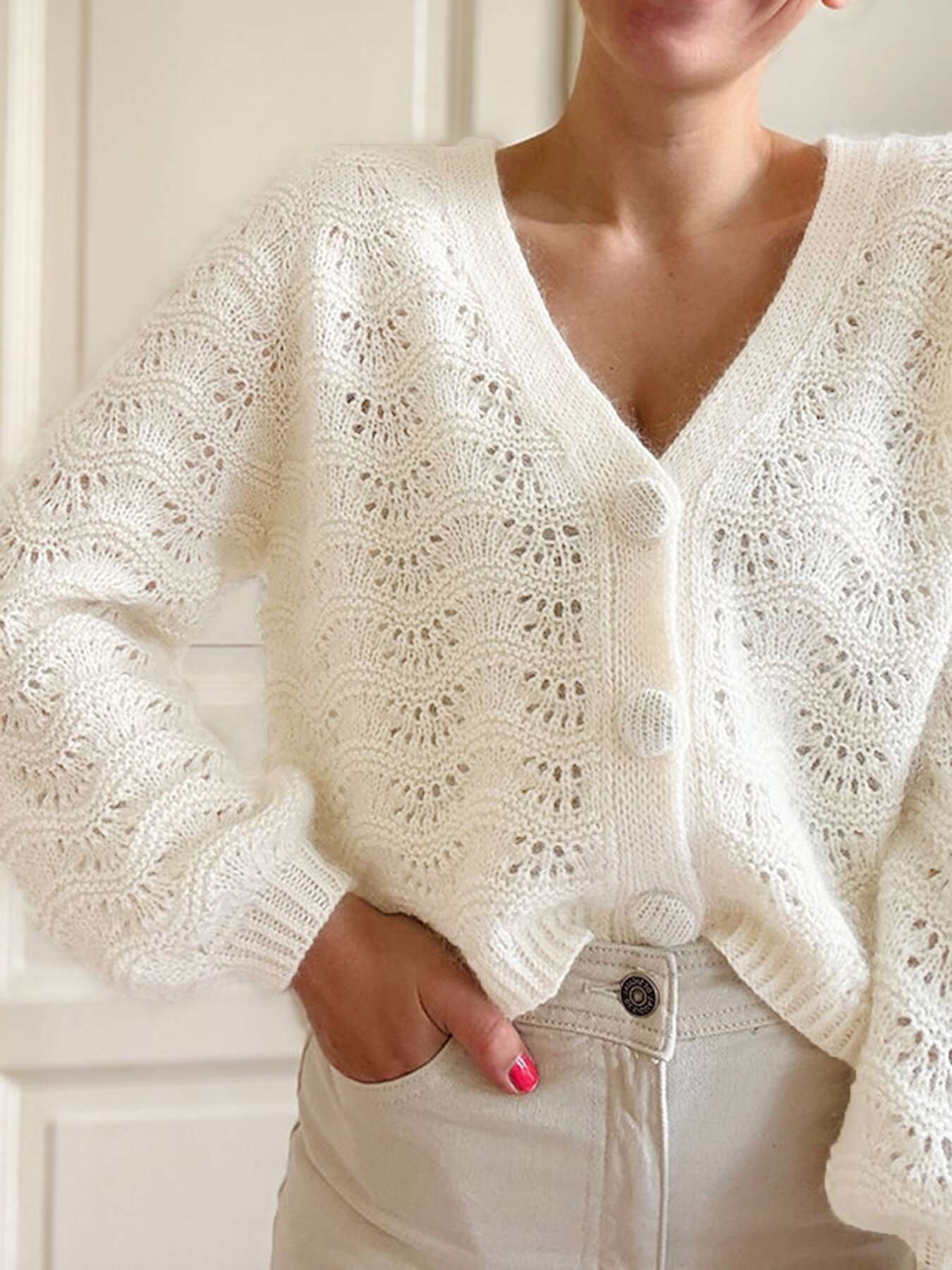 Elegant Crochet Button-Up Sweater - M, White image