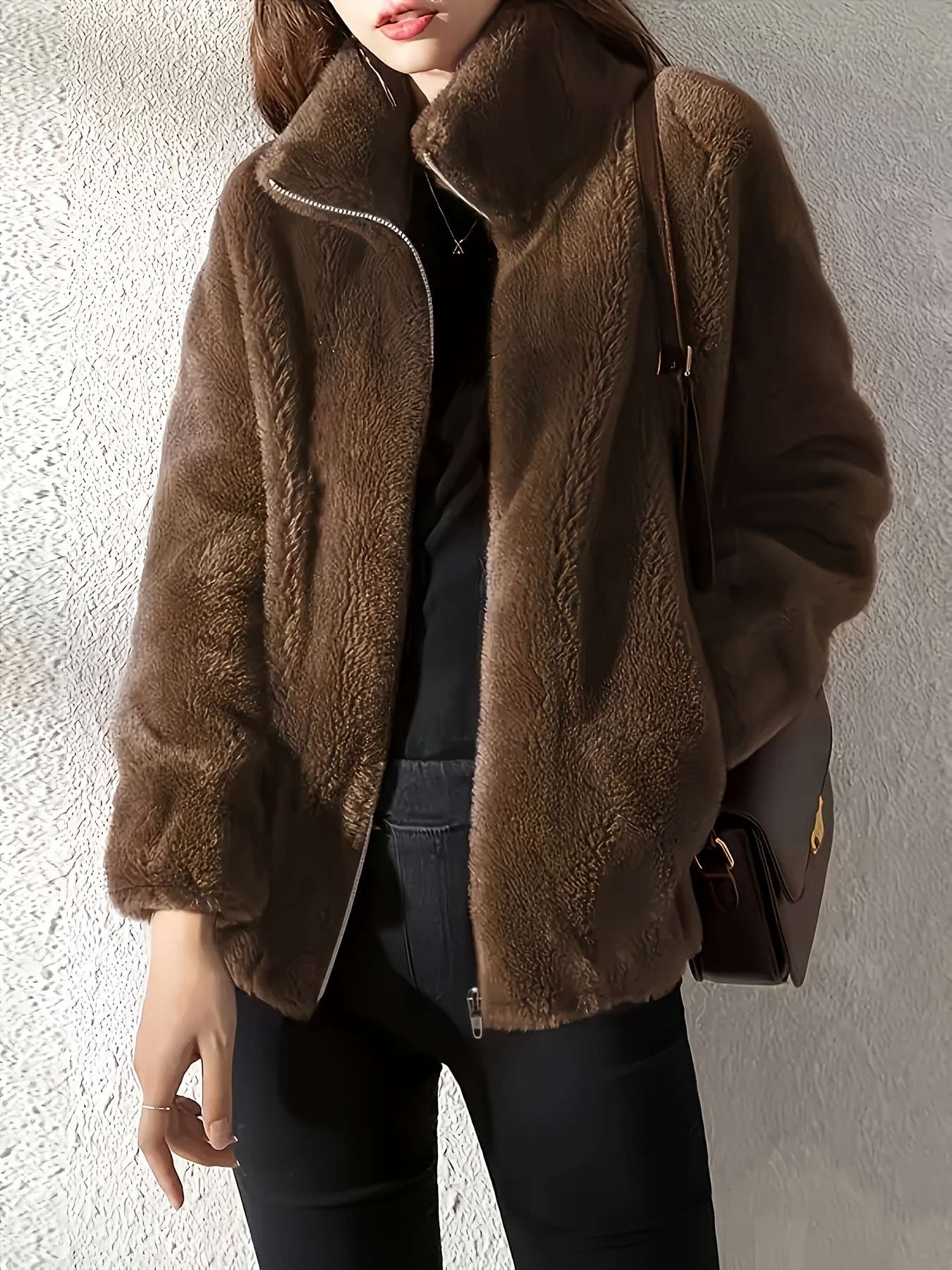 Stylish Brown Faux Fur Zip-Up Jacket - L, Brown image