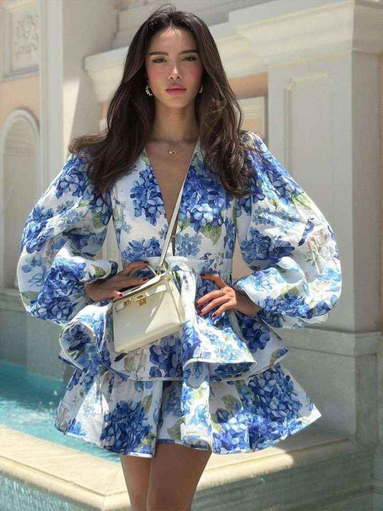 Floral Peplum Dress with Puff Sleeves - M, Blue image