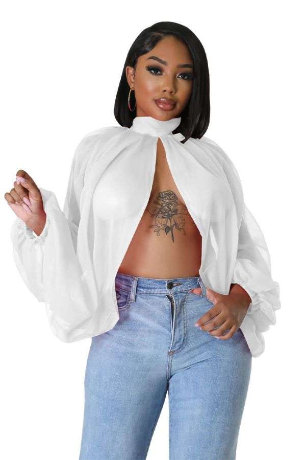 Fashion Tunic Split Long-Sleeve Tops - M, White image