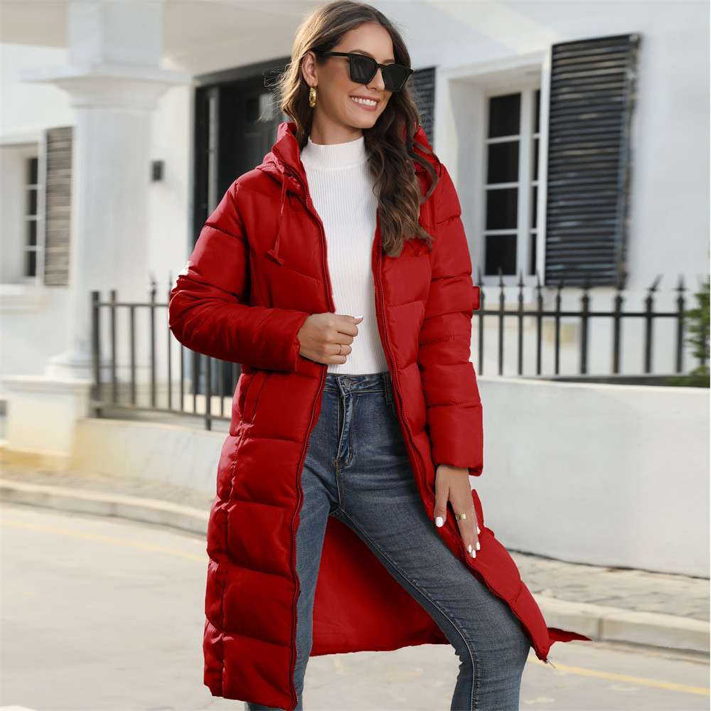 Mid-length Slim Hooded Puffer Coat - S, Red image