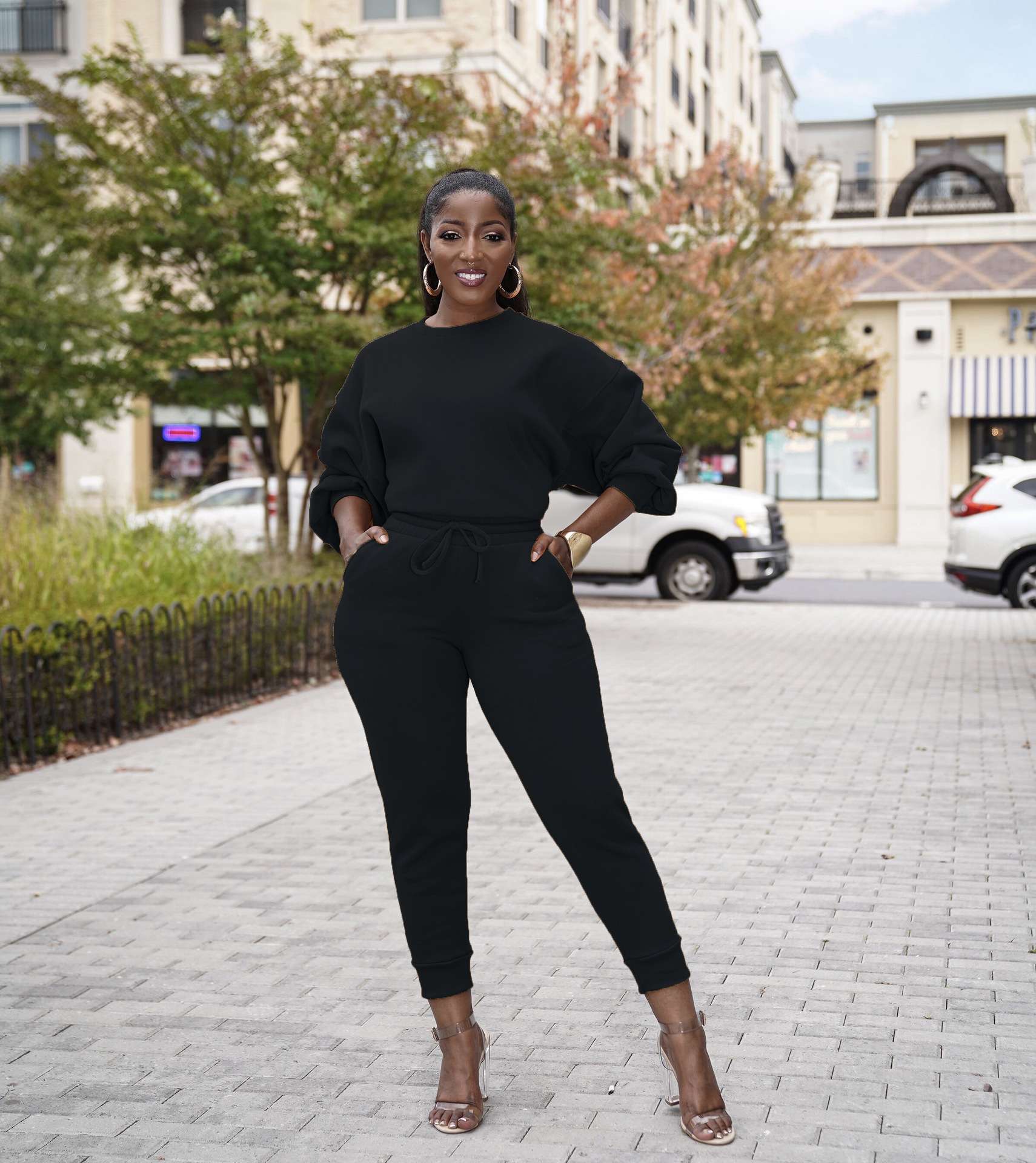 Solid O Neck Sweatshirt Pants Sets - XL, Black image