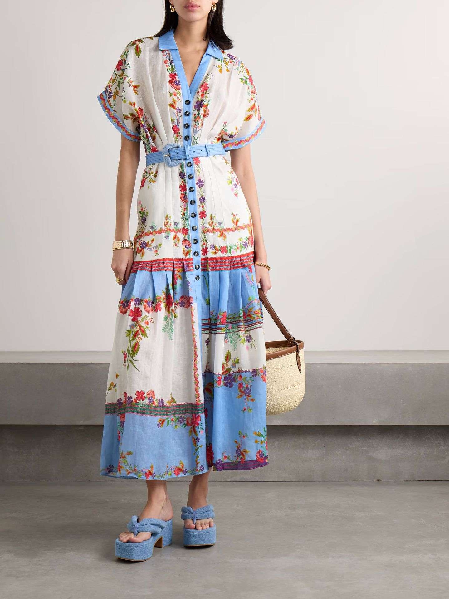 Floral-Print Belted Linen Maxi Dress image 1