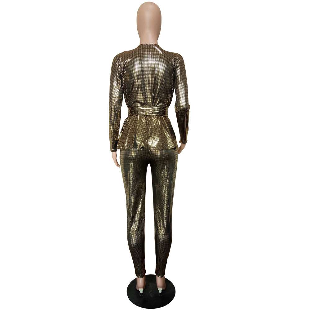 Sequin Long Sleeve Ruffle Hem Suit image 5