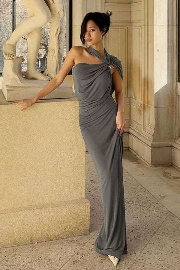 One-Shoulder Gray Evening Gown image 1