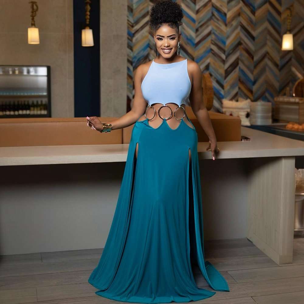 Vibrant Backless Maxi Dress - M, Blue image