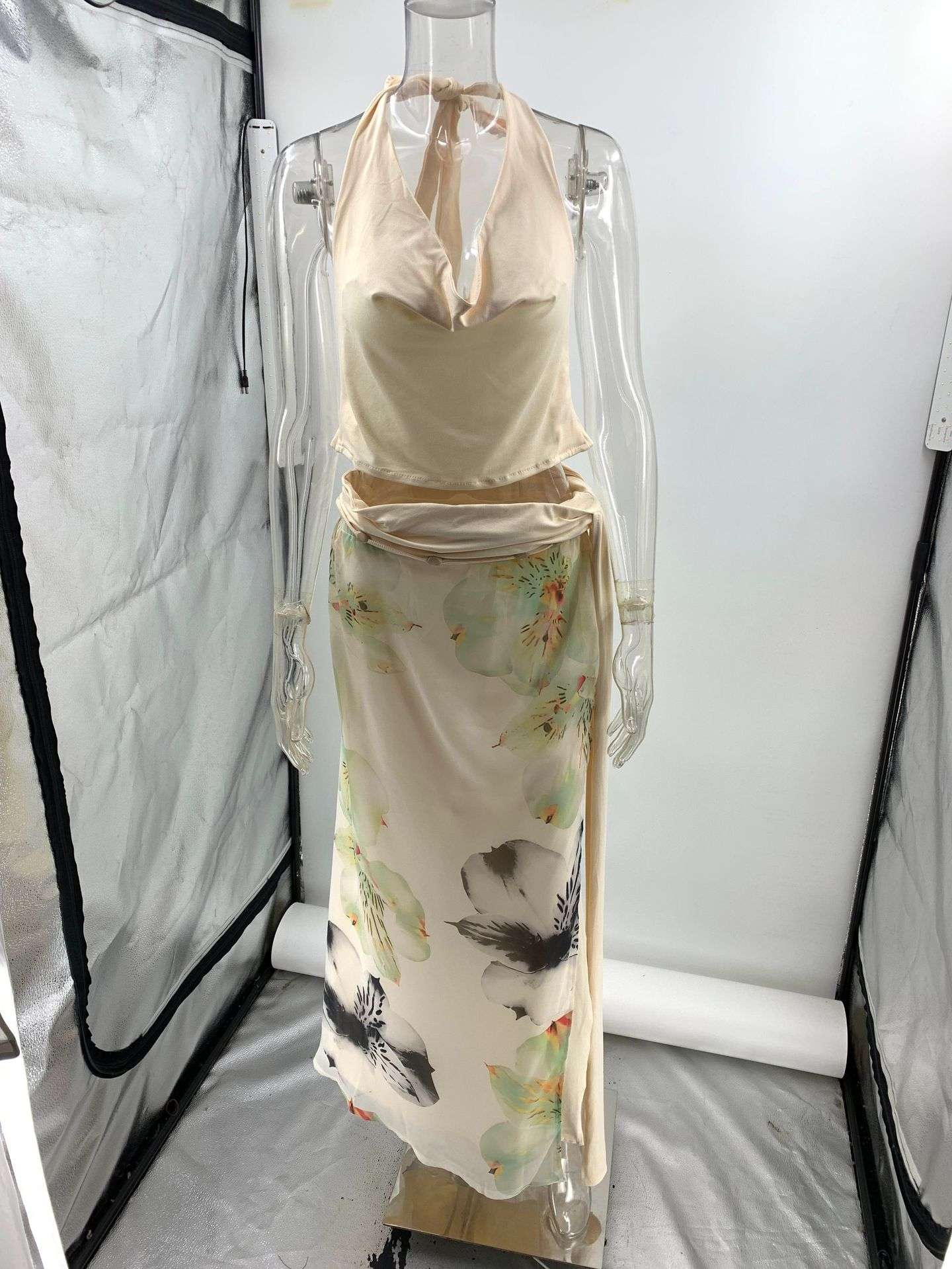 Backless Halter Top and Floral Maxi Skirt Set - Beige, S image