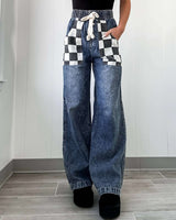 High-Waisted Wide-Leg Jeans with Checkerboard Pocket Detail - M, Blue image