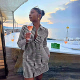 Striped Button Down Shirt Dress - M, Multi Black image