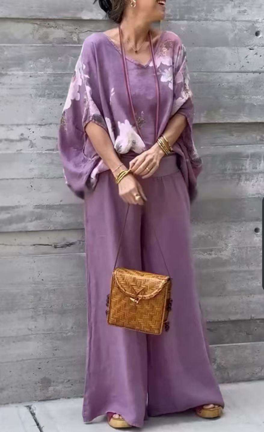 Floral Kimono Top & Wide-Leg Pants Set - M, Purple image