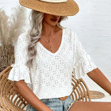 Eyelet V-Neck Top with Rolled Sleeves image 6