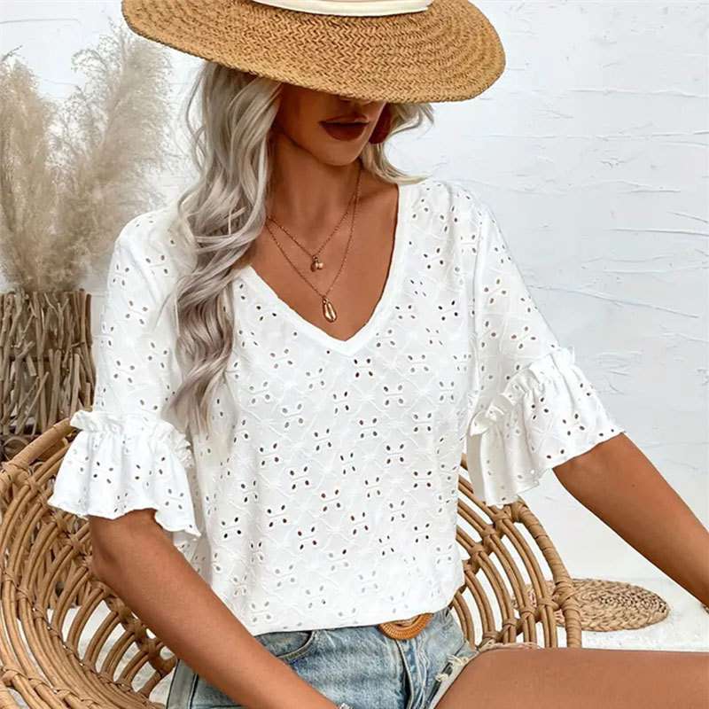 Eyelet V-Neck Top with Rolled Sleeves image 6