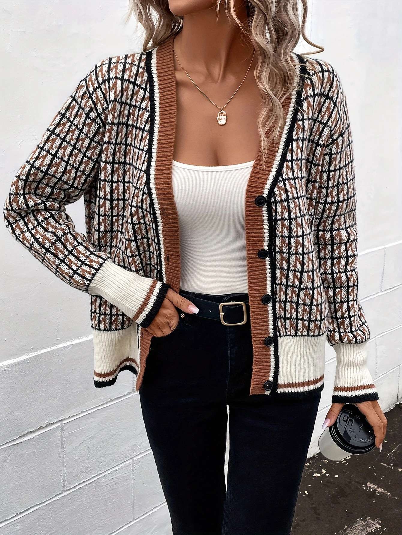 Plaid Pattern Drop Shoulder Cardigan Sweater image 4