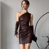 One-Shoulder Faux Leather Mini Dress with Gloves - M, Brown image